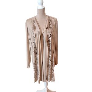 Chicos 3 Tan Suede Look Waterfall Duster Cardigan Laser Cutout XL Lagenlook